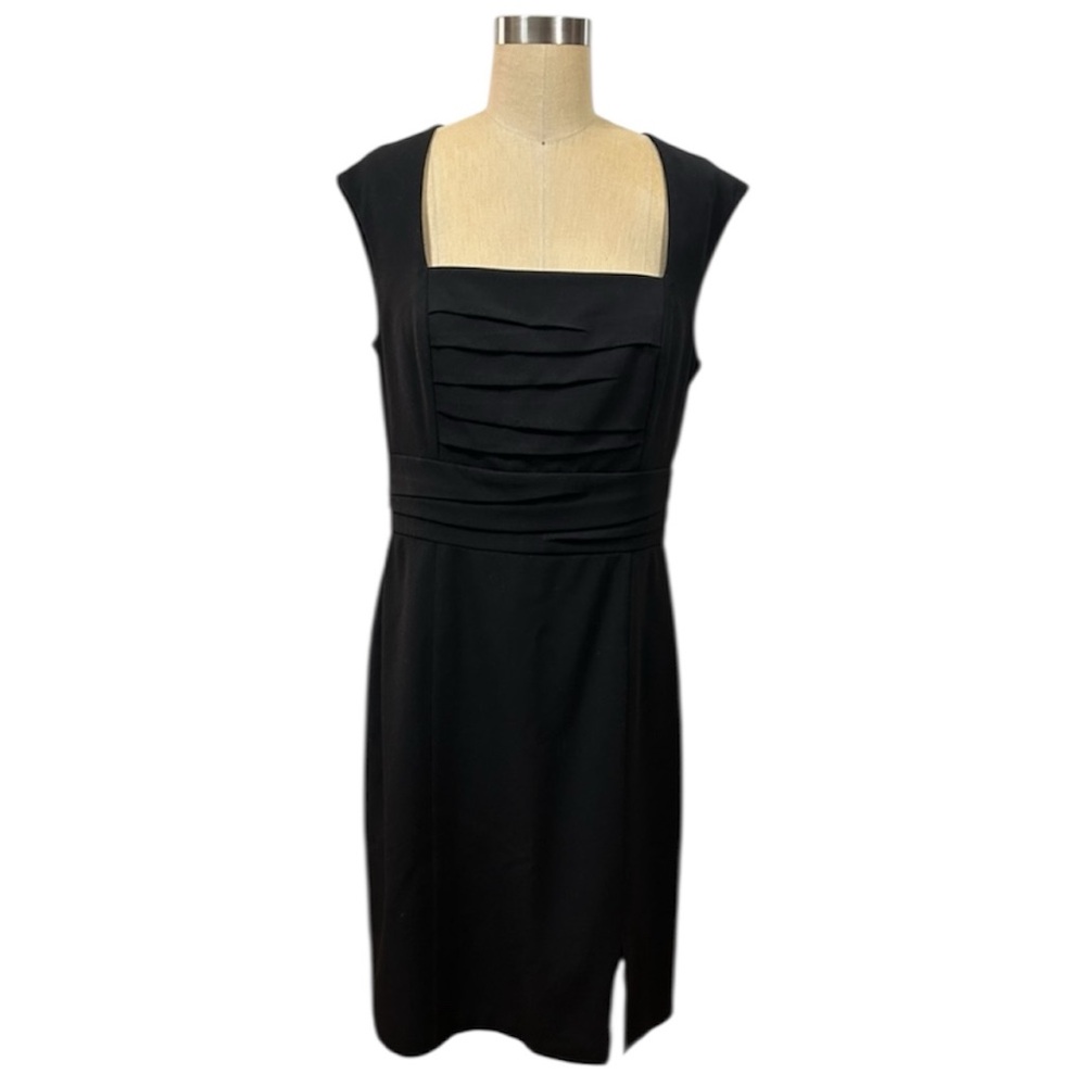 WHBM Little Black Cap Sleeve Ruched Sheath Dress Sz 10 Classic Black Midi Dress